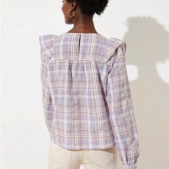 LOFT Lavender Plaid Ruffle Blouse - Picture 4 of 12